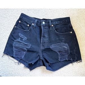 Levi’s 501 distressed black denim shorts